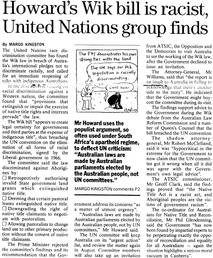 United Nations: 'Howard's Wik bill is racist' , 1999