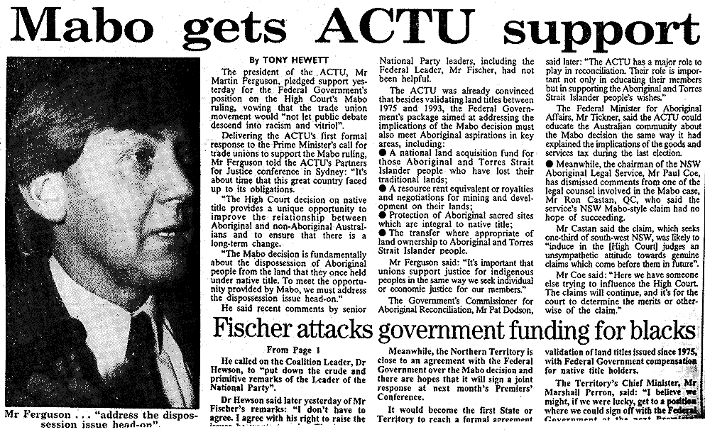 Mabo gets ACTU support, 1992