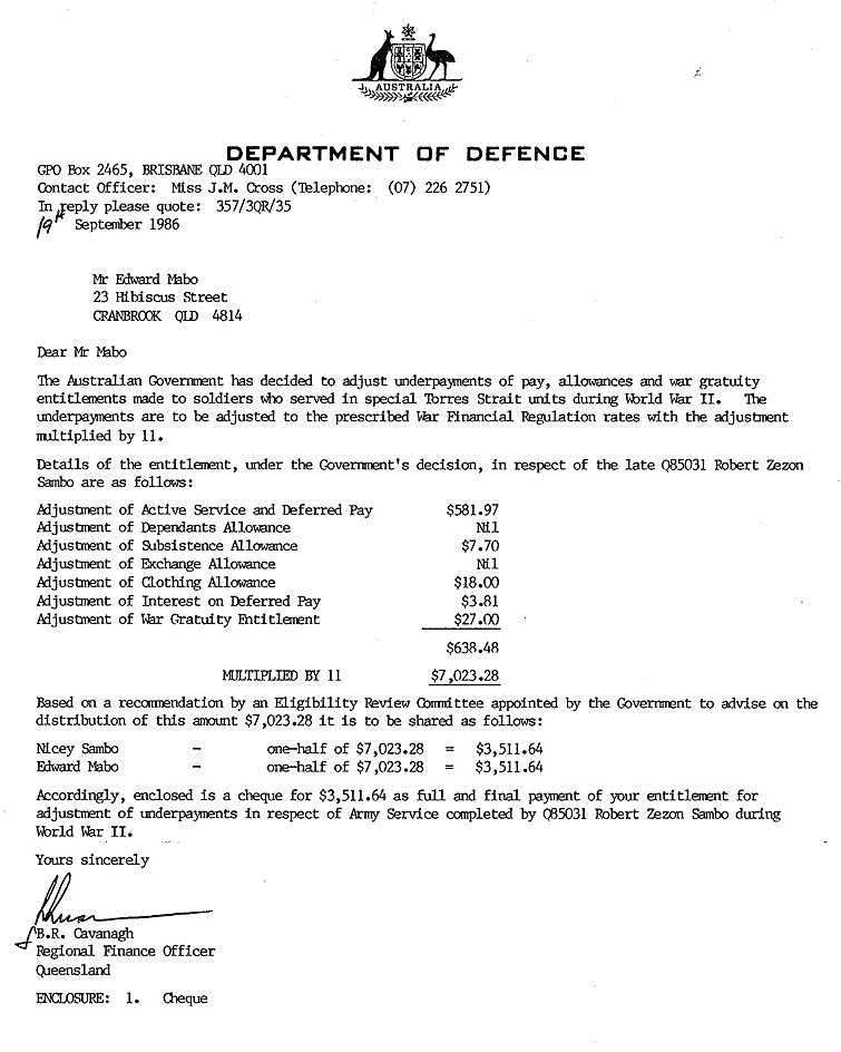 E.K. Mabo to Defence Department, 1986