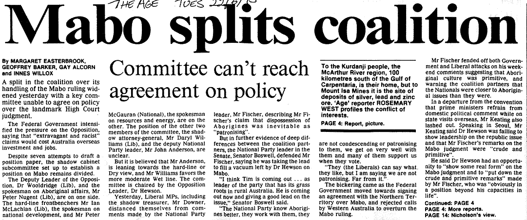 Mabo splits coalition, 1993